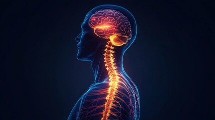 Poster - Human brain and spinal cord in neon colors, anatomical illustration. Neuroscience and medical research concept