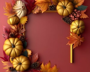 A frame of autumn leaves and pumpkins with a gold border