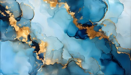 Wall Mural - Abstract ink illustration featuring marble textures, gold accents, and vivid blue hues, blending artistic expression with modern design elements.