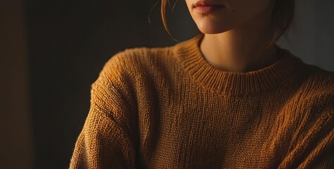 A close-up of a woman in a cozy sweater, exuding warmth and contemplation in soft, natural light.