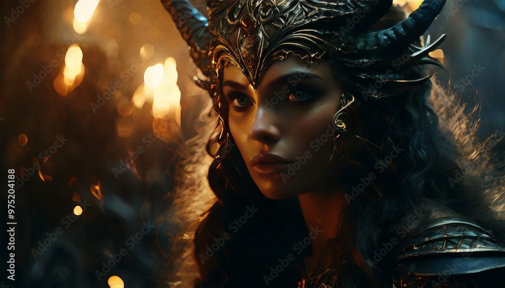 Portrait of a powerful warrior woman adorned in intricate armor and a ...