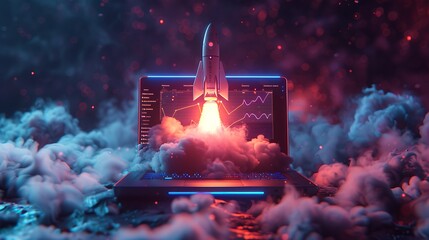 A rocket taking off from the laptop screen, start up new born company, high tech futuristic