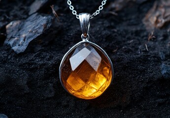 Poster - Amber gemstone pendant on dark background