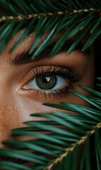 Sticker - Closeup of a green-eyed person's face surrounded by lush tropical foliage