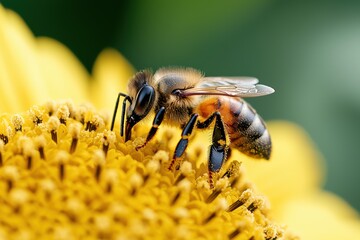 Wall Mural - Closeup of a bee pollinating a yellow flower