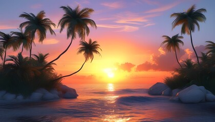 serene 3D landscape of a sunset over the sea with palm trees gracefully silhouetted against the vibrant sky