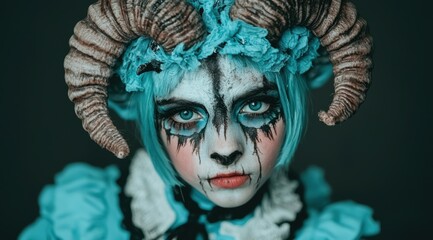 Sticker - Surreal fantasy portrait of a woman with horns and blue makeup