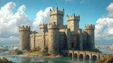 A majestic medieval castle surrounded by water and mountains.