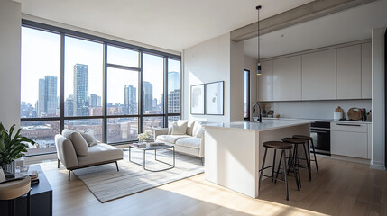 Photograph of an open-concept apartment living room and kitchen with large windows showcasing the city skyline