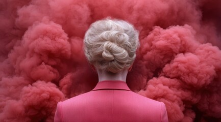 Poster - woman with elaborate hairstyle in front of pink smoke