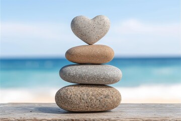 Canvas Print - Balanced stones with heart-shaped rock on beach