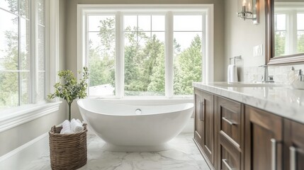 Stylish and modern bathroom with a freestanding tub, marble countertops, and elegant fixtures --ar 16:9 --v 6.1 Job ID: f79fe627-d4f2-4cc1-93b0-d1a80e8c51ca