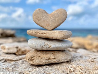 Poster - heart-shaped stone balanced on rocks by the ocean