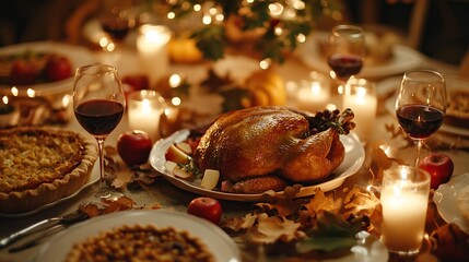 A roasted turkey with a delicious crispy skin on a festive table among various autumn dishes by candlelight on Thanksgiving Day.