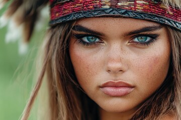 Wall Mural - Thoughtful woman with striking green eyes