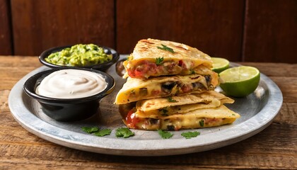 Wall Mural - A delicious quesadilla stuffed with melted cheese and flavorful fillings, grilled to golden perfection, accompanied by a vibrant green side salad, a creamy dip, and a juicy lime wedge, artfully arrang