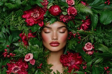 Wall Mural - beautiful woman surrounded by vibrant red flowers