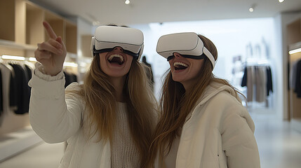 two women wearing vr headsets, laughing and pointing, in an elegant white store