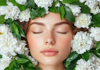 Wall Mural - woman's face surrounded by white flowers