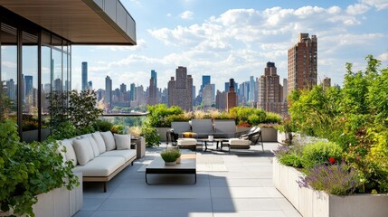 Urban rooftop garden with potted plants, modern furniture, and a panoramic city view