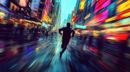 Urban Runner in Motion - Dynamic City Street Scene with Vibrant Colors and Motion Blur, Photorealistic Action Shot