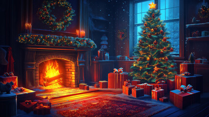 Wall Mural - Interior Christmas Scene with Magic Glowing Tree, Fireplace, and Gifts