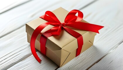 Wall Mural - Beautifully Wrapped Gift Box with Red Ribbon on White Wooden Background Symbolizing Celebration and Joy