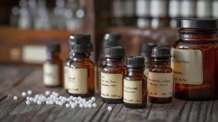 A close-up of homeopathic medicine, with small bottles and vials of natural remedies on a wooden table