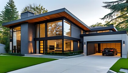 Wall Mural - Contemporary Home with Spacious Garage and Expansive Windows Surrounded by a Lush Lawn