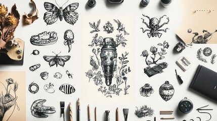 A collection of handmade doodles and illustrations arranged in a creative grid, showcasing different styles and techniques