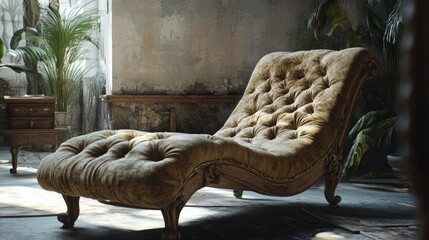 Wall Mural - Vintage velvet chaise lounge with wooden frame,