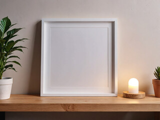 White frame resting on wooden shelf in modern room