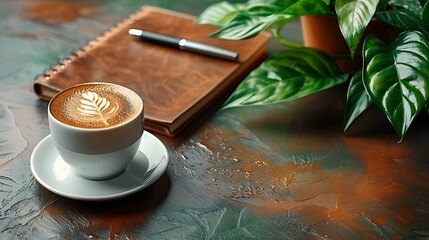 A leather notebook with a pen on a dark brown table, a cappuccino coffee cup, and a plant in a modern cafe interior background. Top-down, flat lay with copy space for text or design.