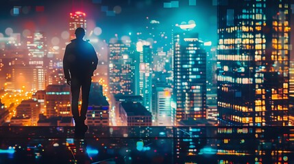 Wall Mural - A man stands on a bridge looking out over a city at night. The city is lit up with bright lights, creating a moody and mysterious atmosphere. The man is lost in thought