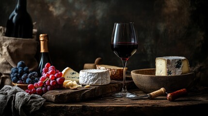 A rustic table with a glass of red wine and assorted cheeses and grapes