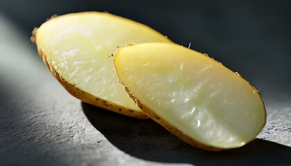 Elegant close-up of a potato slice highlighting fine surface details under soft natural light