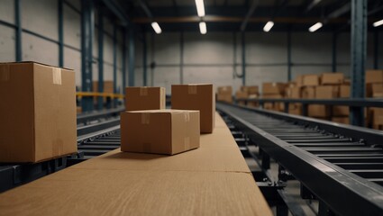 Cardboard boxes on a conveyor belt in a warehouse industrial setup.