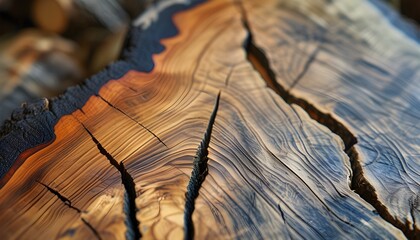 Vibrant log with intricate textures against a wooden backdrop