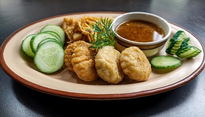 Wall Mural - A plate with golden crispy chicken satay skewers, served with a spicy peanut sauce, fresh cucumber slices, and a garnish of cilantro leaves, styled food photography