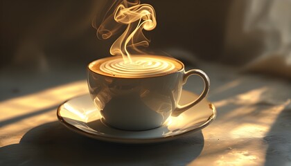 Serene morning coffee with swirling steam illuminated by golden light, featuring soft shadows and a clean, sharp focus