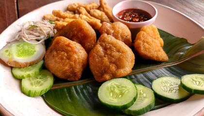 Wall Mural - A platter filled with crispy fried potato croquettes or coxinhas, served alongside sliced cucumbers, a small bowl of dipping sauce, arranged on a banana leaf, creating a rustic and appetizing scen