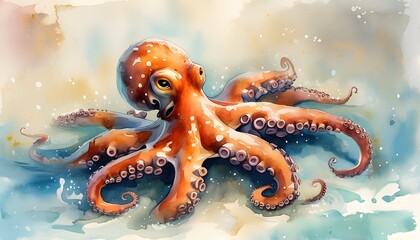 Wall Mural - Charming hyper-realistic octopus pirate in vibrant costume against a soft pastel watercolor backdrop