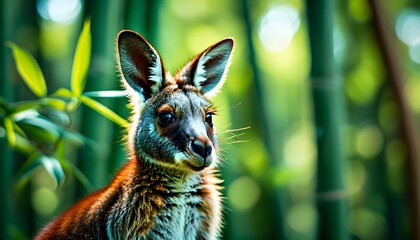 Wall Mural - Kangaroo in lush bamboo with vibrant green leaves, soft focus backdrop, professional color grading, and clean sharp details