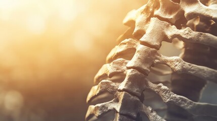 Wall Mural - Close-up view of a human rib cage lit by soft sunlight, highlighting its intricate bone structure and unique textures.