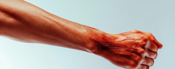 Close-up of a muscular arm flexing with a clenched fist, showcasing strength and determination against a light background.