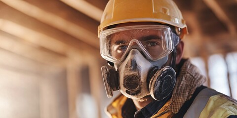 Wall Mural - Closeup of a construction worker wearing a respirator and safety glasses looking at the camera.