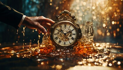 Dramatic image of a hand delicately holding an ornate antique clock partially submerged in water, surrounded by splashes and golden light. The scene exudes mystery and timelessness.