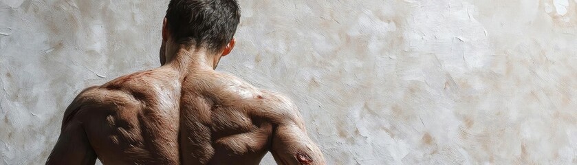 A muscular man showcasing his defined back muscles against a textured background, reflecting strength and dedication in fitness.