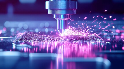 Poster - Blue Laser Innovation, A sleek metal design featuring blue laser technology, sparks flying, highlighting precision within a spacious, contemporary industrial environment.