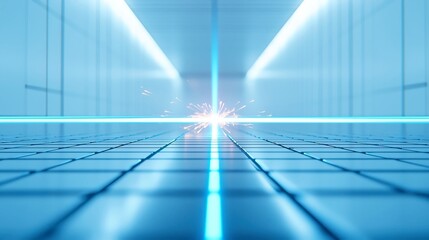 Poster - Innovative Blue Laser Technology, Featuring a sleek metal design with sparks, Emphasizing precision and modernity within an industrial environment, Open and dynamic setting